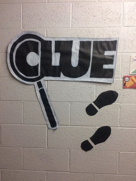 Clue Wall Dec for college hallway decorations. Went well with my "board game" theme! RA Res Life Clue Board Game Homecoming Float, Trouble Game Decorations, Clue Board Game Party Decorations, Clue Game Homecoming Float, Clue Hoco Theme, Clue Themed Decorations, Clue Themed School Hallway, Board Game Themed Crafts, Board Game Themes Decorations