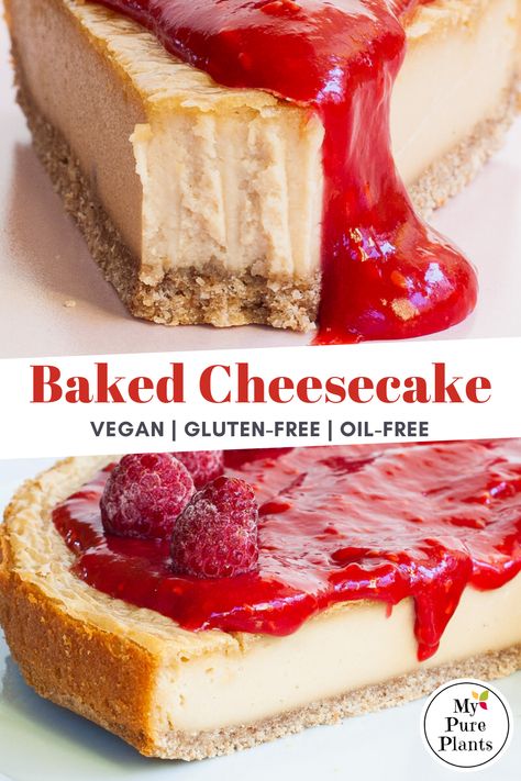 Healthy Vegan Cheesecake, Vegan Baked Cheesecake, Wfpb Dessert, Vegan New York, Raw Baking, Plant Based Cheesecake, Vegan Raspberry Cheesecake, Dairy Free Cheesecake, Vegan Cheesecake Recipe