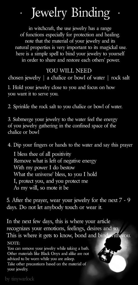 Here is a simple Jewelry Binding Spell for all wiccans and magick practitioners who are fond and confortable with wearing enchanted jewelries and alikewicca witchcraft binding jewelry spell bindingspell bracelet magic magick Spell For Jewelry, Witchcraft Spells That Work, Real Witchcraft Spells, Ring Protection Spell, Witch Spells For Love, Fae Magick Spells, Spell For Understanding, Witchcraft Jewelry Enchantment, Magic Ring Spell