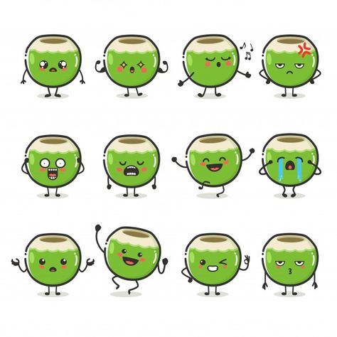 Coconut Character, Coconut Cartoon, Food Character, Food Characters, Coconut Jelly, Happy Fruit, Drawing Legs, Fruit Icons, Funny Cartoon Characters