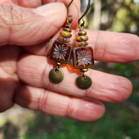 Honey Colored Czech Glass Square Earrings, Petite Boho Earrings, Shabby Chic Earrings, Lightweight Brass Dangle Earrings - Etsy Czech Glass Earrings, Shabby Chic Earrings, Czech Beads Jewelry, Pom Crafts, Earring Inspo, Ears Pierced, Czech Glass Jewelry, Diy Jewelry Earrings, Boho Chic Earrings