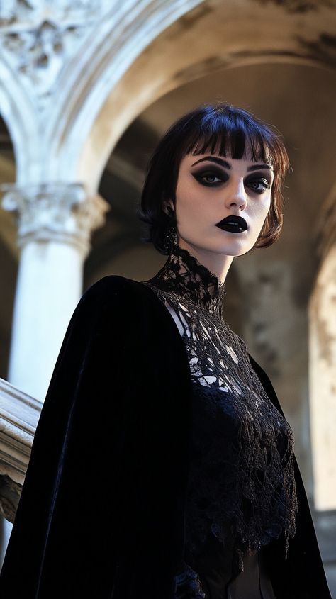 Embrace Halloween chic with Scorpio vampire-inspired evening wear. Velvet cape, lace, dark lipstick & gothic architecture exude a mysterious aura perfect for a spooky night out. Vampire Chic, Zodiac Fashion, Halloween Chic, Spooky Night, Velvet Cape, Dark Lipstick, Gothic Architecture, Evening Wear, Aura