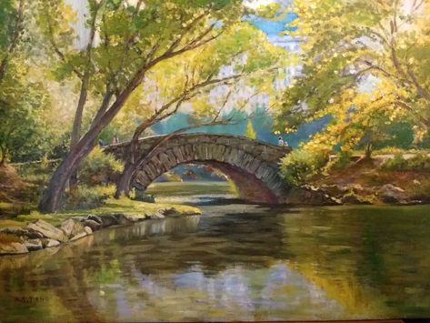 Stone Bridge Over River, Bridge Oil Painting, Bridge Landscape Painting, Bridge Landscape, Beautiful Scenery Drawing, Bridge Art, Bridge Painting, River Painting, Scenery Paintings