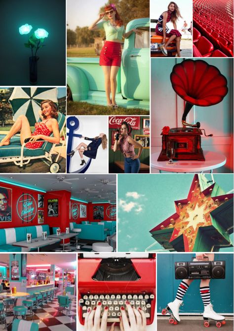 Mood board with dark red, teal and mint as theme colours. 80s Mood Board, Retro Mood Board, Teal Mood Board, Adopt Inspiration, Mood Broad, 28 Birthday, Strictly Ballroom, 50s Aesthetic, Retro Illustrations