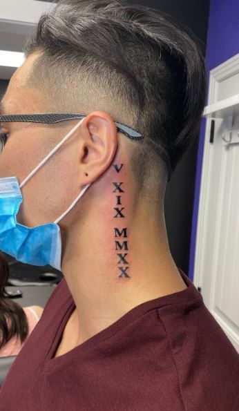 Neck Tattoos Women Roman Numerals, Behind The Ear Tattoo Ideas Roman Numerals, Roman Numeral Tattoo Men Behind Ear, Roman Numeral Ear Tattoo, Roman Numeral Neck Tattoos Women, Roman Numeral Tattoo On Neck, Roman Numeral Tattoo Men Neck, Neck Tattoo Roman Numerals, Neck Roman Numeral Tattoo