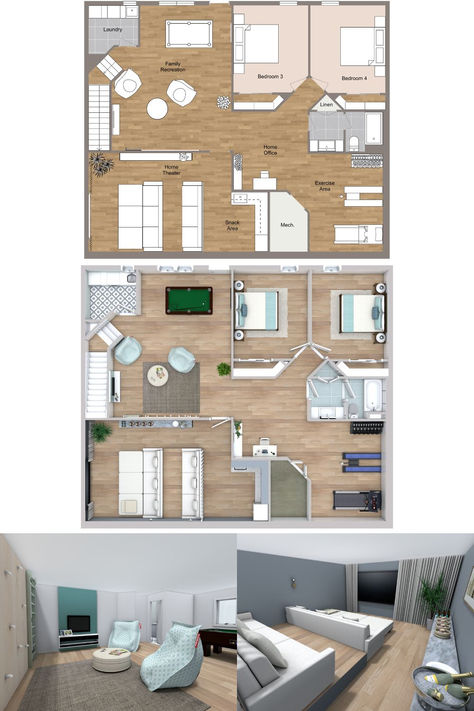 A 2D and 3D collage of a floor plan basement with two bedrooms, an L-shaped kitchen, and a large movie theatre. Basement Layout Ideas Floor Plans, Cecilia Mendez, Basement Layout Ideas, Basement Layout, Apartment Floor, Lay Outs, Basement Floor Plans, Basement Apartment, Apartment Floor Plans