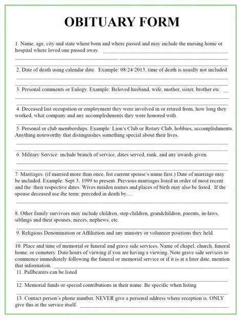 obituary template from Fill In The Blank Obituary Template, source:obituarytemplate.net Unique Obituary Ideas, Living Will Template, Obituaries Ideas, Emergency Preparedness Binder, Final Wishes, Family Emergency Binder, Estate Planning Checklist, Obituary Template, Emergency Binder