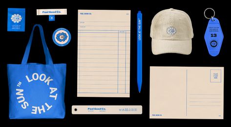 Feel Good Co. on Behance Brand Collateral Design, Merch Ideas Products, Event Merch, Band Merch Ideas, Brand Merch, Pr Kit, Merch Collection, Journal Idea, Welcome Card