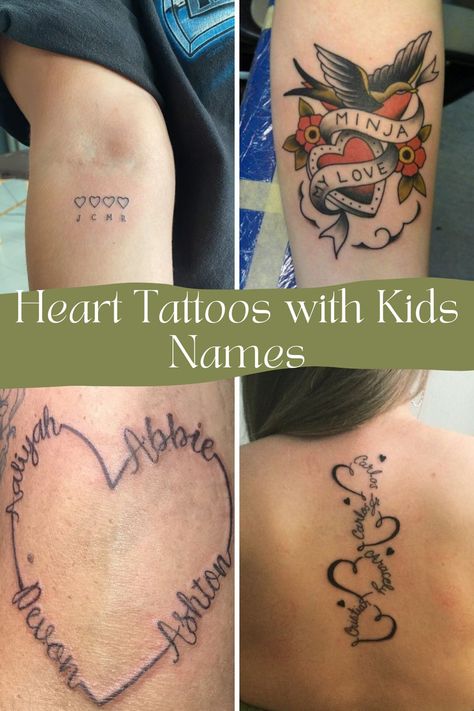 61 Sweetest Kids Name Tattoos & Baby Name Ideas - TattooGlee Tattoos With Multiple Names, Best Mom Tattoos, Children’s Tattoo Ideas, Mom Of Four Tattoo Ideas, Tattoo Ideas Representing Children, Tatoos For Kids Mom, Childrens Tattoos For Moms, Tattoos Representing Kids, 4 Name Tattoo Ideas