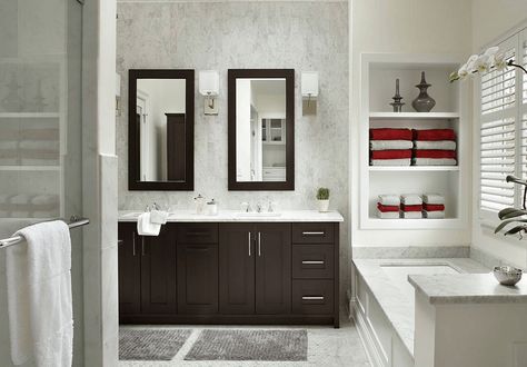 Five Easy and Inexpensive Bathroom Upgrades Espresso Vanity Bathroom, Espresso Vanity, Wooden Bathroom Cabinets, Espresso Cabinets, Built In Bathtub, Bathroom Vanity Designs, White Bathroom Tiles, Transitional Contemporary, Dark Wood Cabinets