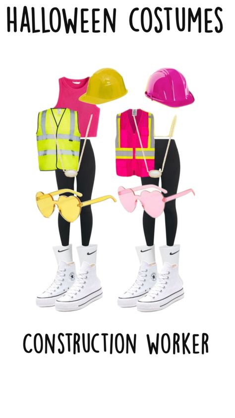 Construction Workers Halloween Costumes, Halloween Costumes Construction Worker, Preppy Construction Worker Halloween, Construction Costume, Construction Worker Costume, Halloween Duo, Halloween Duos, Cute Group Halloween Costumes, Career Day