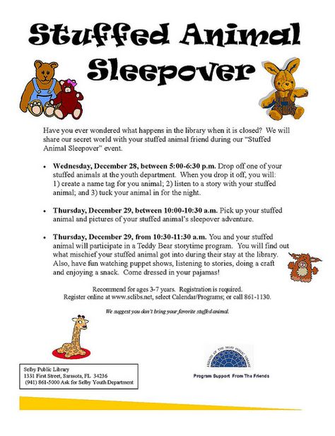 Stuffed Animal Sleepover @ Selby Library, Dec. 28, 2011 - Dec. 29, 2011 by Sarasota County Libraries, via Flickr Library Stuffed Animal Sleepover, Stuffed Animal Sleepover At The Library, Stuffy Sleepover, Fun Library Ideas, Stuffed Animal Sleepover, Library Storytime, Family Literacy Night, Family Library, Reading Buddies