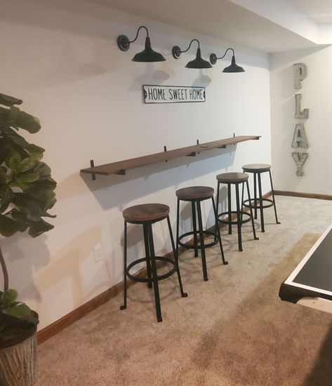 Great  basement idea- an easy and inexpensive bar ledge. This the area of our basement where our family plays ping pong so it was a perfect spot for some extra seating. Very useful during the holidays! Kitchen Shelves Farmhouse, Wet Bar Basement, Room Bedroom Ideas, Countertop Support, Countertop Ideas, Basement Kitchen, Kitchen Island Ideas, Farmhouse Modern, Diy Bar