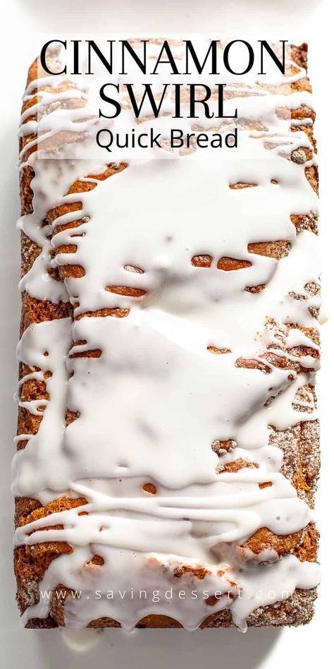 No mixer is required to make this moist and tender Cinnamon Swirl Quick Bread. It tastes like coffee cake and comes together in minutes. All you need is a whisk! This simple loaf cake is packed with deliciously thick swirls of cinnamon sugar. Don't skip the optional vanilla glaze for that extra something special. #quickbread #cinnamonloaf #cinnamoncake #cinnamonswirlquickbread #cinnamonquickbread #cinnamonswirlloaf Apple Cinnamon Swirl Loaf, Cinnamon Breads, Cinnamon Swirl Quick Bread, Cinnamon Loaf Bread, Blueberry Cheesecake Muffins, Cinnamon Swirl Bread Recipe, Swirl Bread Recipe, Cinnamon Swirl Cake, Cinnamon Loaf