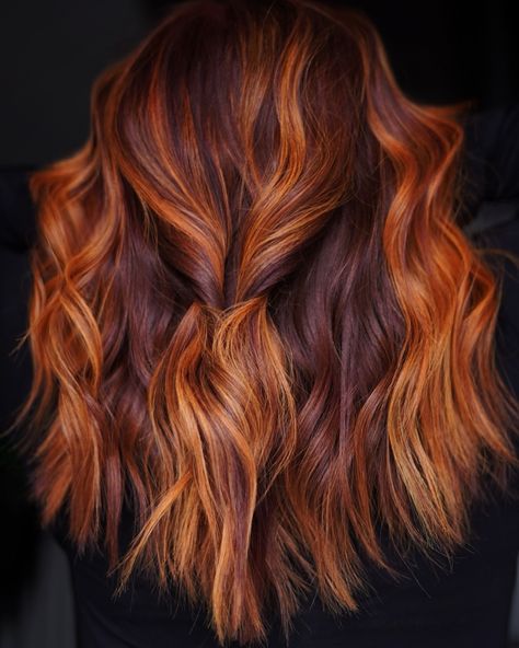 Forged by Fire 🔥 -Protected w/ @brazilianbondbuilder -Glossed with/@oligopro Funkhue Orange & 7KR for Low lights and depth -Prepped… | Instagram Red Copper Ombre Hair, Brown To Orange Ombre Hair, Brown With Orange Highlights, Brown Hair Orange Highlights, Orange Hair Ombre, Brown To Ginger Balayage, Brown Hair With Orange Highlights, Brown And Copper Hair, Reddish Orange Hair