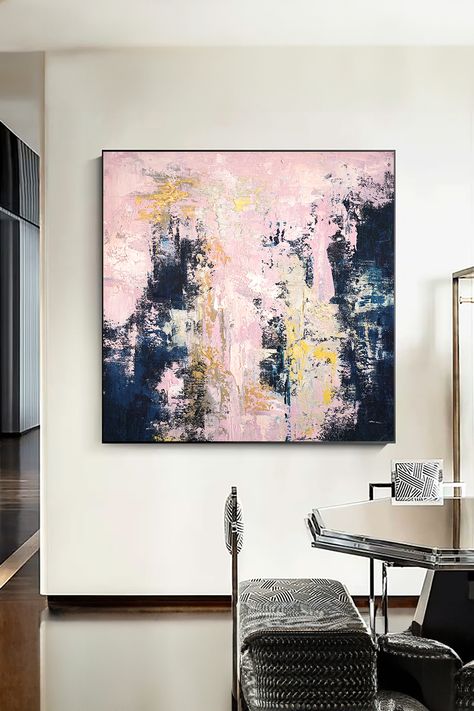 Original handmade abstract painting with textured pink, navy, and gold brushstrokes on canvas Space Available, Gold Accents, Unique Artwork, Brush Strokes, Focal Point, Soft Pink, Original Paintings, Abstract Art, Canvas Painting