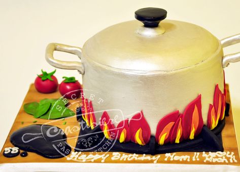 The Cooking Pot Cake Cooking On Fire, Pressure Cooker Cake, Cake Dummy, Cooker Cake, Pot Cake, Chef Cake, Pot Cakes, Buttercream Cake Decorating, Cake Fillings