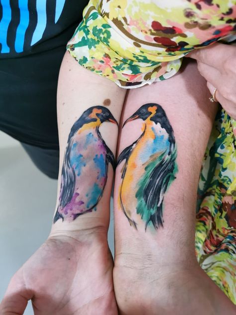 Watercolor Penguin Tattoo, Penguin Sleeve Tattoo, Matching Penguin Tattoos Couples, Matching Penguin Tattoo, Penguin Tattoo Couple, Couple Tattoos Quotes, Couple Tattoos King And Queen, Penguin Tattoos, Tattoos Ring