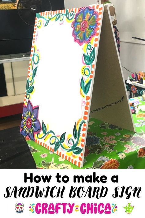 How to make sandwich board signs! #craftychica #sandwichboardsigns #sandwichboarddiy #sandwichboardsignsdiy Sidewalk Signs Diy, Poster Board Signs Diy, How To Make A Sandwich Board Sign, Diy Sandwich Board Sign, Diy Sandwich Board, Poster Board Signs, Sandwich Board Sign, Campaign Materials, Sandwich Sign