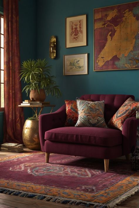 Discover the latest 2024 trend of Bohemian Bliss, enhanced with Old Claret and eclectic touches. Unravel the secrets to effortlessly infuse your space with charm and character. #ad     #Colortrend #wallpaint2024  #color2024  #DIYpainting  ##DIYhomedecor  #Fixhome Teal Velvet Sofa Living Room Ideas, Gillian Aesthetic, Jewel Tone House, Living Room Jewel Tones, Jewel Coloured Living Room, Jewel Toned Living Room, Jewel Tone Home, Jewel Tone Room, Jewel Tone Living Room