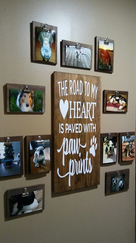 Memorial Wall For Dogs, Pet Pictures Wall, Pet Memorial Wall Ideas, Dog Collage Wall, Memorial Picture Wall Ideas, Dog Memorial Wall Ideas, Dog Wall Decor Ideas Living Room, Dog Room Wall Decor, Dog Photo Wall Ideas