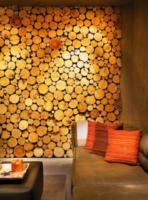 Trunk Ideas, Montana Ranch, Log Wall, Warm Decor, Organic Modern Decor, Wood Slices, Black Walls, Wall Covering, Ranch House