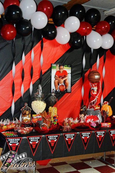 Chicago Bulls "red&black" dessert buffet Chicago Bulls Themed Birthday Party, Chicago Bulls Party Ideas, Bulls Birthday Party Ideas, Chicago Bulls Birthday Party Ideas, Chicago Birthday Ideas, Chicago Bulls Birthday Party, Chicago Bulls Party, Chicago Themed Party, Nba Party