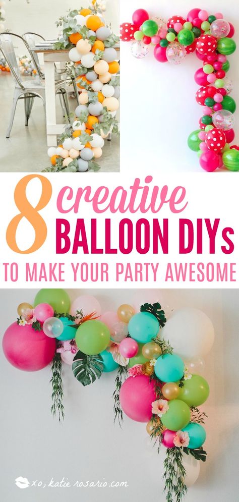 8 Creative Balloon DIYs To Make Your Party Awesome | One trend that is here to stay is the balloon garland. With a little DIY and creativity, you can make a balloon garland for the backdrop to your dessert table or candy buffet. These gorgeous and colorful balloon arch is easy and affordable! Mix in florals + leaves for added elegance. Fancy tropical or Fall inspired decor? Pinning for later! #balloonarch #balloongarland #diypartyideas #xokatierosario Colorful Balloon Arch, Make A Balloon Garland, Balloon Garland Ideas, Balloon Arch Diy, Balloon Garland Diy, 60th Bday, Fiesta Tropical, Garland Ideas, Rose Gold Balloons