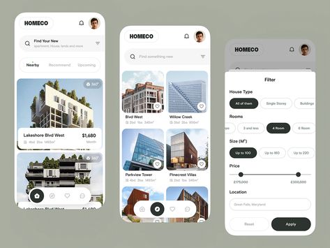 Homeco Real Estate App. by Sajon on Dribbble Real Estate Portfolio Design, Real Estate Ui Design, Ui Ux Design Trends, Web Design Creative, Ux Design Trends, Real Estate App, Interactive Web Design, Mobile Application Design, 3d Logo Design