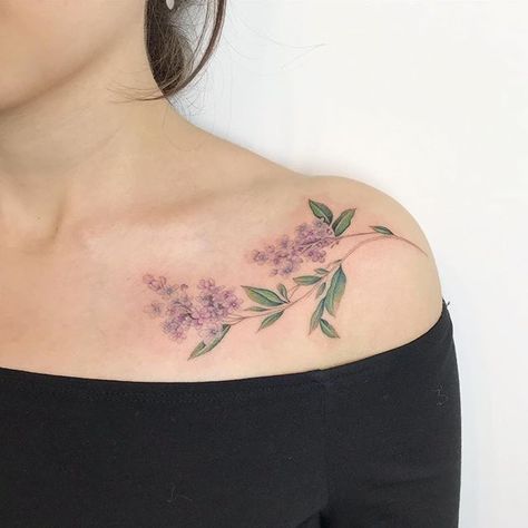 Wisteria Tattoo Collarbone, Lilac Collar Bone Tattoo, Lilac Chest Tattoo, Chickadee And Lilac Tattoo, Lilac Shoulder Tattoo, Lilac Vine Tattoo, Lavender Tattoo Collar Bone, Collar Tattoos, Fireweed Tattoo