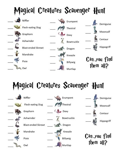 Care Of Magical Creatures Harry Potter, Harry Potter Scavenger Hunt, Magical Creatures Harry Potter, Harry Potter Classes, Scavenger Hunt Printable, Harry Potter Bday, Harry Potter Universal Studios, Harry Potter Birthday Party, Harry Potter Halloween