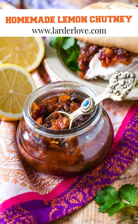 This homemade lemon chutney is super tasty and so easy to make, perfect with a curry, on sandwiches and wraps, stirred into dips and with a cheeseboard too. #chutney #lemonchutney #chutneyrecipes #larderlove Lemon Chutney Recipe, Lasun Chutney Recipe, Lime Chutney, Cold Onion Chutney, Lemon Chutney, Pineapple Chilli Chutney, Sandwiches And Wraps, Dehydrating Food Storage, Easy Green Beans