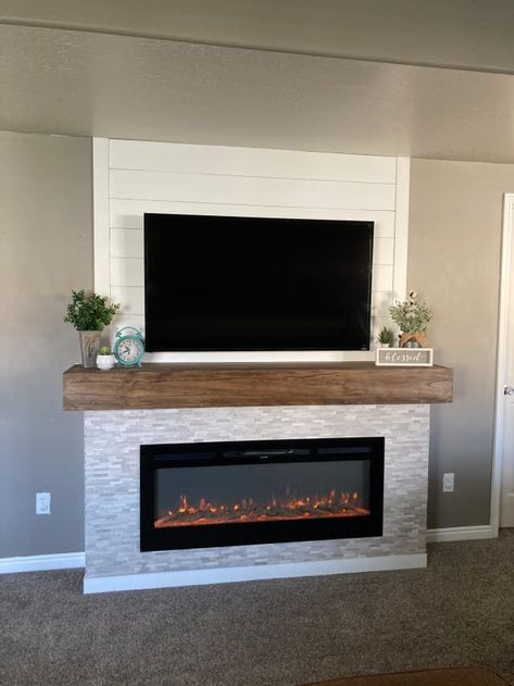 Check this out! Wrap Around Fireplace Mantels, Building A Fireplace Wall, Electric Fireplace Basement Ideas, In Wall Fireplace Electric, Tv Wall Fireplace Ideas, Fo Fireplace, Diy Fireplace With Built Ins, Building A Fireplace In Your Home, Stone And Shiplap Fireplace With Tv