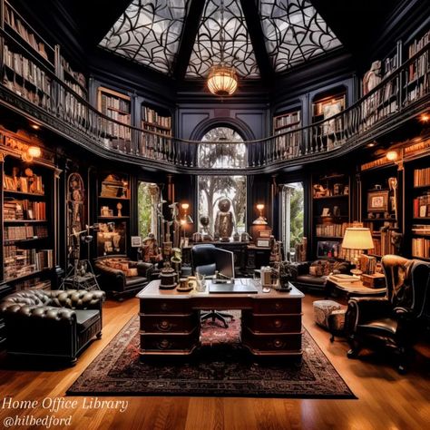 Gothic & Witchy Vibes on Instagram: “Dream home 🖤 Credits: @hilbedford” Wizard Home Decor, Dark Victorian House Interior Design, Mansion Study Room, Gothic Home Library, Big Home Library, Gothic Mansion Interior, Gothic Victorian House Interior, Alien Building, Tower Library