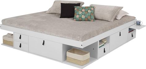 memomad Bali Storage Platform Bed with Drawers (King Size, Off White) : Amazon.ca: Home Best Storage Beds, Ikea Sofa Bed, Corner Bed, Platform Bed With Drawers, Storage Platform Bed, Cama King Size, Storage Platform, Ikea Sofa, Cama King