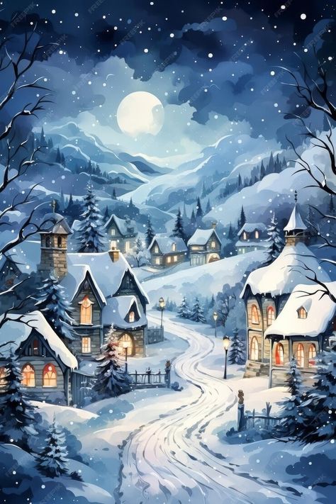 Premium Photo | A Painting of a Snowy Village at Night Generative AI Christmas Village Illustration Winter Scenes, Snowy Village Illustration, Snowy Village Art, Zion Watercolor, Christmas Village Painting, Winter House Illustration, Winter Village Painting, Winter Landscape Illustration, Village At Night