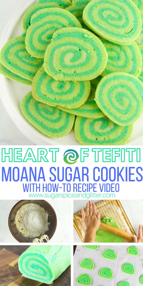 A fun Disney cookie recipe, these Moana-inspired Heart of Tefiti cookies are a simple pinwheel cookie dyed green for a delicious themed dessert Moana Sugar Cookies, Moana Cookies, Moana Birthday Party Theme, Moana Theme Birthday, Festa Moana Baby, Moana Bebe, Moana Theme, Moana Themed Party, Disney Dinner