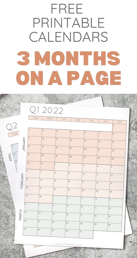 Free printable quarterly calendars for 2022 - Quarterly layout with 3 months on each page. Includes 1 page quarterly calendar option. 3 Month Calendar 2023, Quarterly Calendar 2023, Monthly Goal Planner Printable Free, Quarterly Goals Free Printable, Month On One Page Free Printable, A5 Calendar Printable Free, Quarterly Planning Template, Printable Family Calendar, 2023 Calendar Printable Free