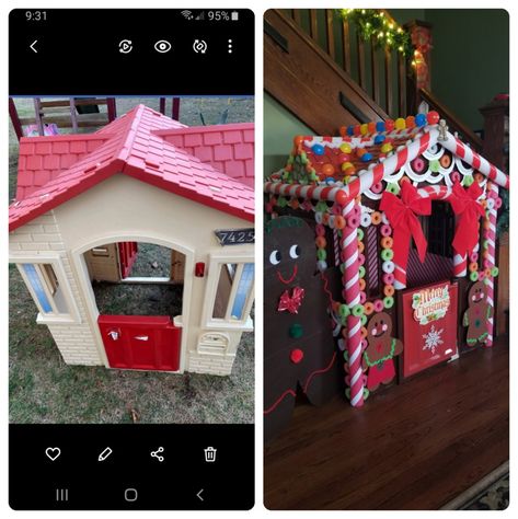 Playhouse into gingerbread house Turn Playhouse Into Gingerbread House, Play House Gingerbread House, Playhouse Into Gingerbread House, Gingerbread Playhouse Diy, Playhouse Gingerbread House, Gingerbread Scene, Prek Gingerbread, Christmas Playhouse, Painted Playhouse