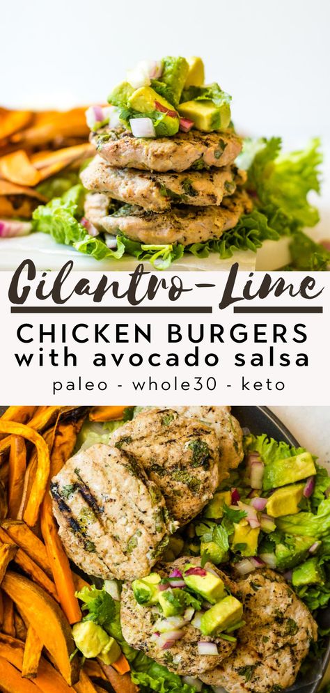 Whole 30 Chicken Burgers, Aip Chicken Burgers, Chicken Avocado Burgers, Whole30 Ground Chicken Recipes, Healthy Chicken Burgers Clean Eating, Ground Turkey Cilantro Recipes, Pesto Chicken Burgers, Ground Chicken Whole 30, Whole 30 Burger Recipes