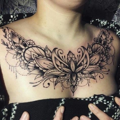 Mandala Chest Tattoo Female, Lotus Flower Chest Tattoo, Chest Piece Tattoos For Women, Vacation Tattoos, Chest Tattoo Flowers, Mandala Chest Tattoo, Chest Tattoo Designs Female, Chest Tattoo Female Upper, Chest Neck Tattoo