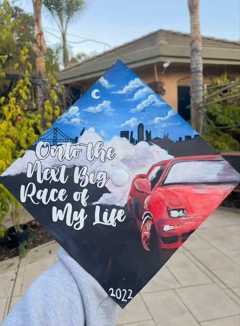 Car Graduation Cap, Senior Year Graduation, Grad Cap Design, Graduation Cap Decoration Diy, Hat Inspiration, Grad Cap Designs, Graduation Cap Designs, Graduation Caps, Graduation Cap Decoration