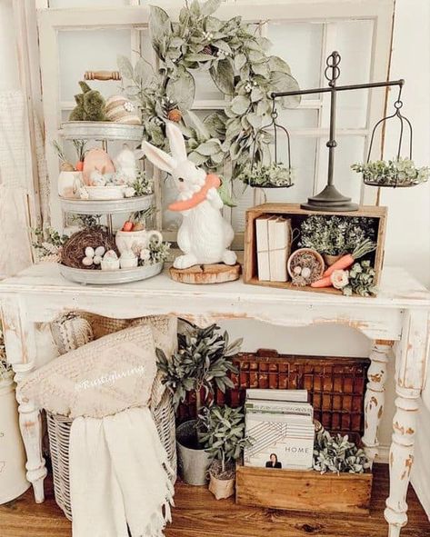 16 Easter Home Entryway Table Decor Ideas » Lady Decluttered Cottage Easter Decor, Easter Entryway Table Decor, Easter Living Room Decor, Farmhouse Easter Decor Ideas, French Country Easter, Easter Entryway Decor, Vintage Spring Aesthetic, Easter Vignettes, Vintage Spring Wedding