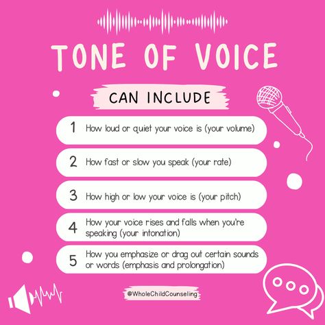 Being able to understand and use an appropriate tone of voice can make social interactions easier, avoid confusion, and encourages understanding. Tone of voice can include: ❤️ How loud or quiet your voice is (your volume) 🧡 How fast or slow you speak (your rate) 💛 How you emphasize or drag out certain sounds or words (emphasis and prolongation) 💚 How high or low your voice is (your pitch) 💙 How your voice rises and falls when you’re speaking (your intonation) Learn more on the blog! How To Have An Attractive Voice, Tone Of Voice Activities, How To Make Your Voice Higher, How To Speak More Softly, How To Change Your Voice Tone, Voice Therapy Exercises, How To Speak Softly, How To Change Your Voice, Types Of Voices