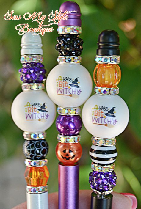 "Beaded Pen/HALLOWEEN Witch Pen/Wee Bit Witchy/Fun Novelty Pen/Gift Pen/Refillable Ink Pen/Metal Barrel Pen/Gift for Halloween Host/Gift For Friends A fun Novelty Gift Pen for Halloween. This focal Bead on this pen says \"A Wee Bit Witchy\" so anyone that loves a fun pen or needs a smile around Halloween we think this one will do the \"Trick\" These pens make unique gifts and a fun to collect and have on your desk or at hand to use when you need a good writing pen! They are nice quality Metal Ba Bearable Pens, Bubblegum Pens, Keychains Wristlet, How To Make Ink, Rhinestone Pens, Decorative Pens, Charm Crafts, Bead Pins, Best Writing Pen