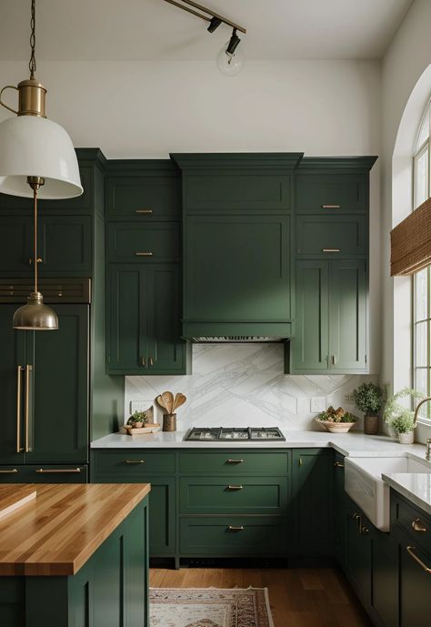 29 Stunning Green Kitchen Cabinet Ideas: Lush, Nature-Inspired Hues 27 Forest Green Kitchen Cabinets, Forest Green Kitchen, Forest Kitchen, Coastal Farmhouse Kitchen, Dark Green Kitchen, Kitchen Cabinet Color Ideas, Painted Kitchen Cabinets Colors, Gray And White Kitchen, Green Kitchen Cabinets