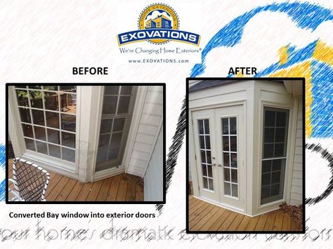 We recently converted this bay window into a double door for the patio… :: Hometalk Convert Bay Window To French Doors, Apartment Arrangement Ideas, Exterior French Door, Utility Extension, Amazing Decks, Granny Unit, Exterior Home Renovation, Bay Window Ideas, Bay Door