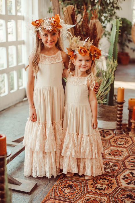 Boho Flower Girl Dresses That Will Match Your Laid-Back Celebration Illusion Lace Dress, Blush Flower Girl Dresses, White Tulle Dress, Boho Flower Girl, Laid Back Wedding, Macy Dresses, Girls Maxi Dresses, Embroidered Lace Dress, Line Flower