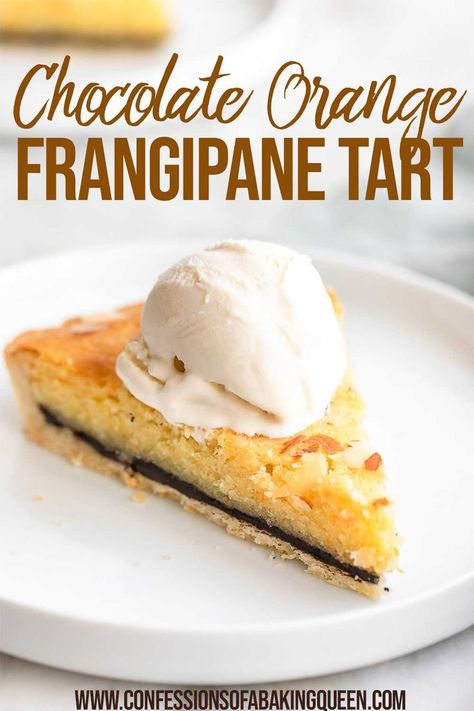 This Orange Chocolate Frangipane Tart is anything but ordinary! The sweet shortcrust pastry is filled with a layer of chocolate, topped with an orange frangipane, and toasted almonds. Perfect for a special dinner!   #frangipanetart #chocolateorange #orangefrangipane #tartrecipe Chocolate Frangipane, Frangipane Tart, Orange Chocolate, British Baking, Shortcrust Pastry, Chocolate Topping, Chocolate Tart, Special Dinner, Toasted Almonds