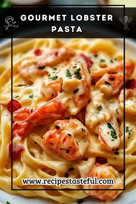 Indulge in the luxurious flavors of this Gourmet Lobster Pasta in a Creamy Dream Sauce. Tender lobster tails are combined with fettuccine and a rich cream sauce, accented by garlic, Parmesan, and a hint of lemon zest. This elegant dish is perfect for special occasions or a delightful weeknight treat! Garlic Cream Sauce Pasta, Gourmet Pasta Dishes, Italian Seafood Pasta, Lobster Pasta Recipe, Lobster Pasta, Cream Sauce Pasta, Lobster Dishes, Lobster Recipes Tail, Lobster Dinner